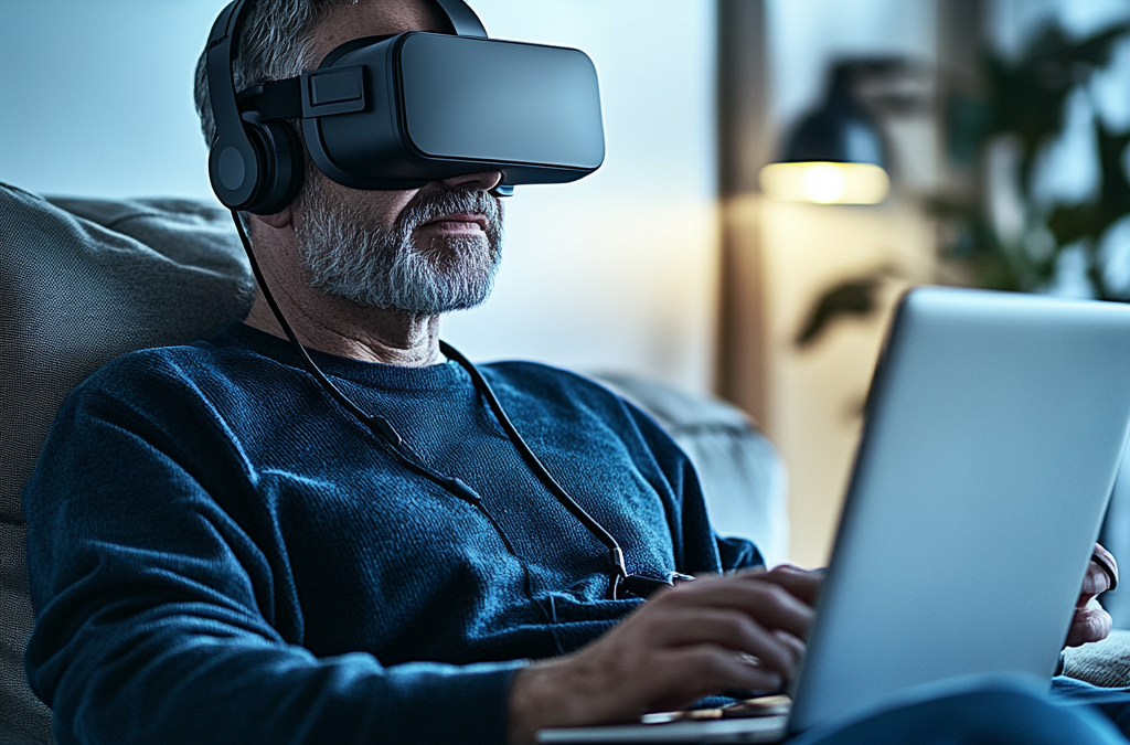 neuroVive, middle-aged man sitting with laptop for VR Therapy telehealth