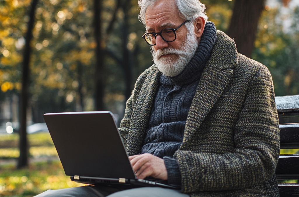 Older gentleman sitting on a bench in the park connecting on telehealth for CBT therapy